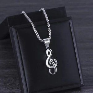 Silver‎ Music Note G Treble Clef Pendant Necklace with Chain 24" Mens Womens